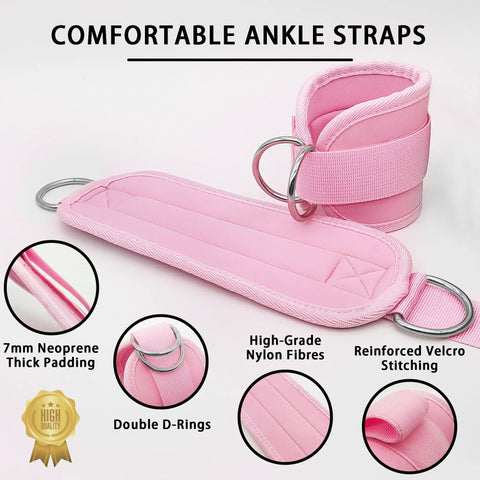Badass Leg Straps For Cable Machines And Home Gym Hustle, Dual Pack Heavy Duty Double D Ring Cuffs With Thick Neoprene Padding, showing pink padded ankle straps.