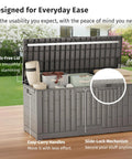 120 Gallon Outdoor Storage Box For Patio And Backyard Heavy Duty Resin Deck Box open with contents on deck