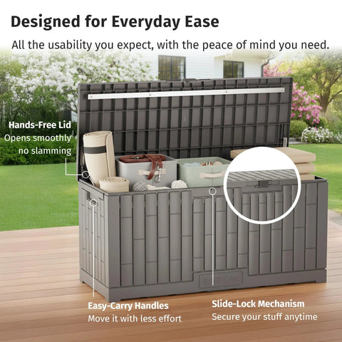 120 Gallon Outdoor Storage Box For Patio And Backyard Heavy Duty Resin Deck Box open with contents on deck