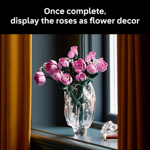 Botanicals Pink Rose Bouquet Buildable Flowers Set For Adults 18 Plus Gift For Her Home Office Decor Shelf Or Room Display Cool DIY Flower Arrangement 10374 in glass vase