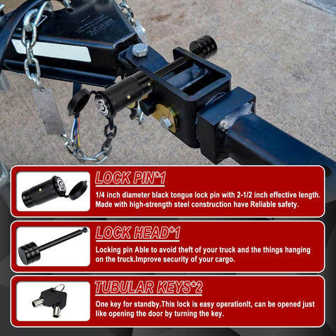Heavy Duty Trailer Hitch Lock Pin One Quarter Inch Diameter Two And One Half Inch Long For Truck Car Boat RV Fits Class III And IV Hitches Anti Theft Towing Lock With Easy Install And Durable Steel Construction shown installed on a trailer hitch.
