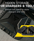 Close-up of hidden storage in All In One Bike Storage and Charging Station with tool organizer, 77 lb capacity, aluminum frame.
