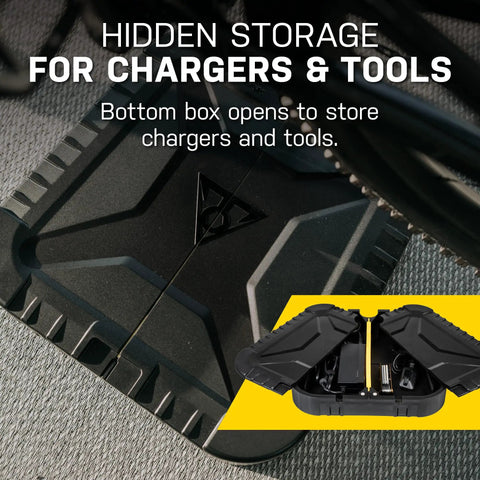 Close-up of hidden storage in All In One Bike Storage and Charging Station with tool organizer, 77 lb capacity, aluminum frame.