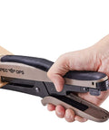Person using Heavy Duty 45 Sheet Plier Stapler With Comfort Grip Jam Free Operation Reduced Effort Drive Heat Treated Steel Construction