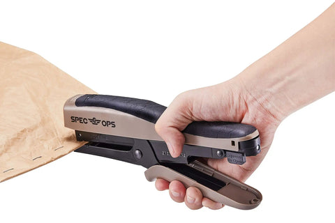 Person using Heavy Duty 45 Sheet Plier Stapler With Comfort Grip Jam Free Operation Reduced Effort Drive Heat Treated Steel Construction