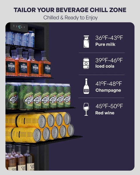 Internal view of 126 Can Beverage Refrigerator Cooler With Glass Door Mini Fridge showing organized cans and bottles in adjustable slots.