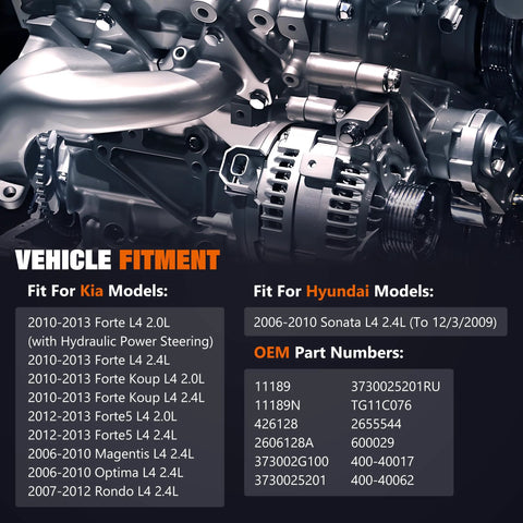 High Output 110Amp Direct Fit Alternator With 6 Groove Pulley For Hyundai Sonata 2006-2010 Kia Forte engine fitment chart