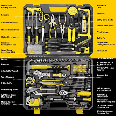 Must Have All In One Home Tool Kit With Toolbox Storage Case For DIY Home Repairs And Auto Maintenance Includes Ratchet Set Screwdrivers Pliers Wrenches Hammer Tape Measure Utility Knife And More in an open display