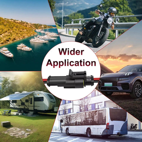 2 Pin Waterproof Electrical Connector Set For 16 AWG Wires IP65 Rubber Sealed Car Truck Boat Motorcycle Connectors shown in diverse vehicle images.