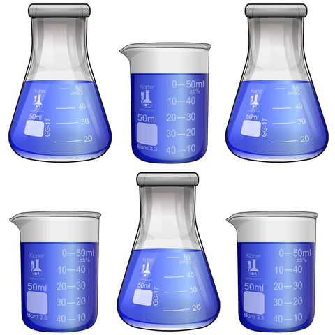Lab Style Shot Glass Set With Six Pieces Including Three Beakers And Three Erlenmeyer Flasks, 50ml Each, Thick Borosilicate Glass