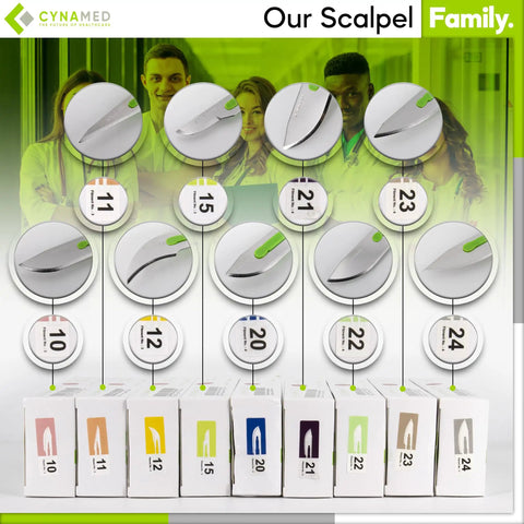 Disposable Scalpel Blades Pack Of 10 Sharp Tempered Stainless Steel With Plastic Handle Individually Wrapped Sterile No 11 For Dermaplaning Crafts And More Heavy Duty Easy Grip display with blade sizes 10, 11, 12, 15, 20, 21, 22, 23, 24