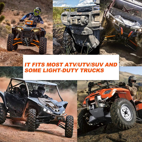 Collage of ATVs and UTVs for off-roading featuring various models, highlighting compatibility with Synthetic Winch Rope Kit 1/4 Inch By 50 Feet 10000LBS.