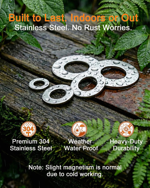 Front view of YoSpciaNe 405-piece stainless steel flat washers set (M3–M12) on a wet wooden surface