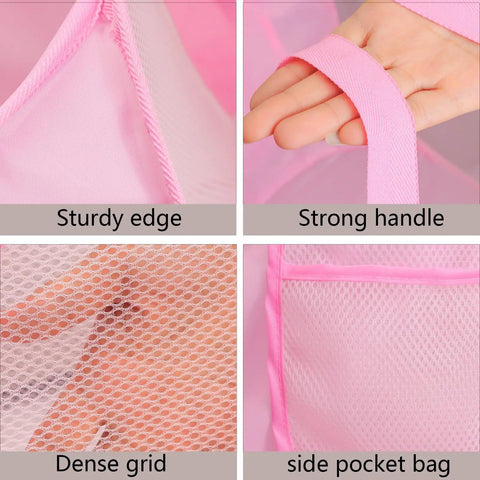 Close-up of Foldable Mesh Laundry Basket Pop Up Hamper With Reinforced Handles, detailing edge, handle, mesh, and side pocket