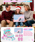 Girl holding Inline Roller Skates For Girls And Women With Adjustable Size 2 To 7.5 Eight LED Light Up Wheels set gift box