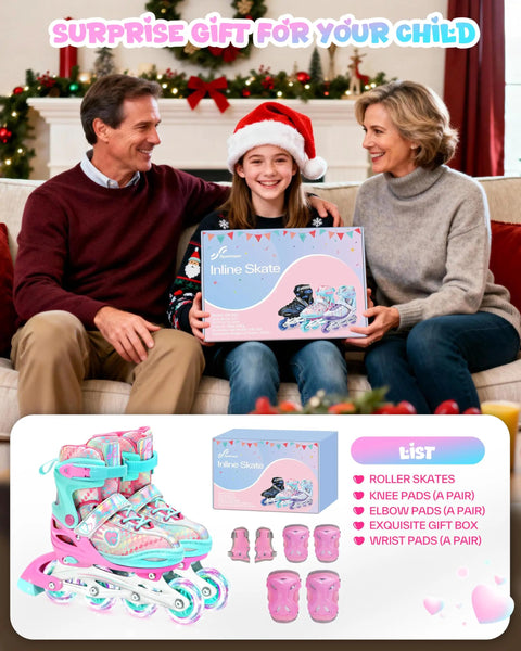 Girl holding Inline Roller Skates For Girls And Women With Adjustable Size 2 To 7.5 Eight LED Light Up Wheels set gift box