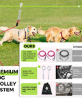 Beefy Heavy Duty Dog Runner With 150Ft Tie Out Cable And Dual 10Ft Lines For Large Dogs Up To 250lbs Aerial Zip Line Trolley System
