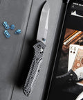 Level Up Your EDC Game With This Badass Deep Carry Pocket Clip And Titanium Pivot Screws Thumb Studs Upgrade Kit For Benchmade 535 Bailout Custom Blue Mod, showing knife and blue titanium screws.