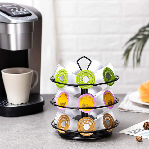 K Cup Holder Carousel 3 Tier For Keurig Pods Storage Stand Metal Small Footprint 7.4 Inch Wide With 360 Degree Rotation And 21 Pod Capacity