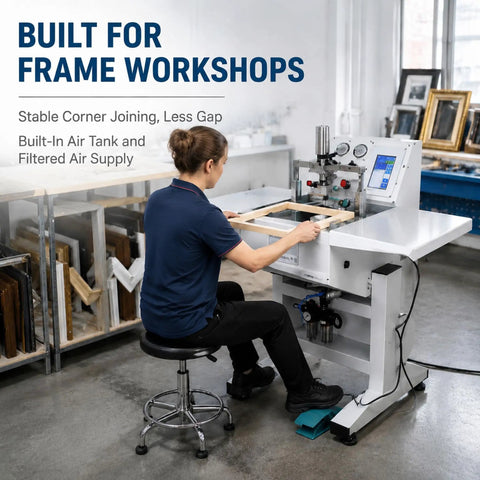 Heavy Duty Built Like A Tank Pneumatic Picture Frame Corner Joiner Machine Featuring Quick Toggle Automatic And Manual Settings Clean Cut Miter Corner Joining For Dedicated Woodworkers in an active workshop with frames.
