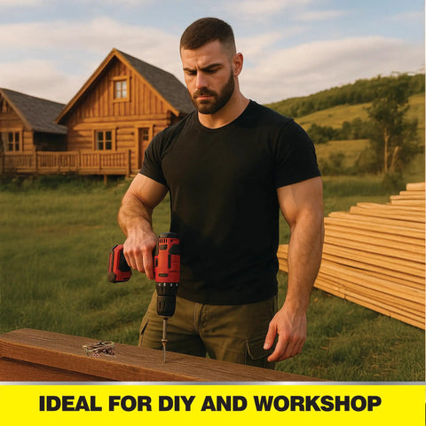 Man using drill with 35-Piece 5.0x70mm Single Thread Pozi Countersunk Wood Screws Yellow Zinc Plated for DIY construction work