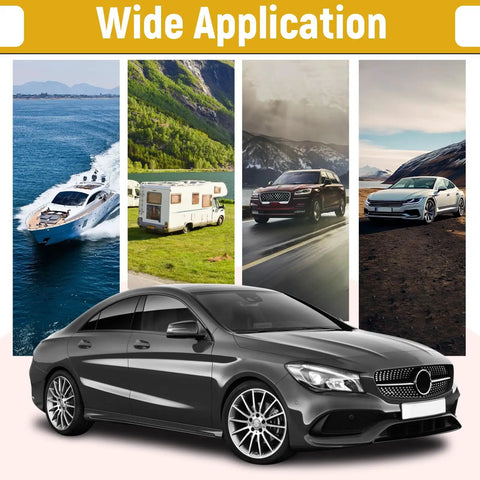 Collage of vehicles and boat with text 'Wide Application' highlighting 5-Piece Auto Trim Removal Tool Set No Scratch Plastic Pry Tools For Car Doors Interior Panels And Fasteners Perfect For Dash Stereo Install Window Trim And Body Repair