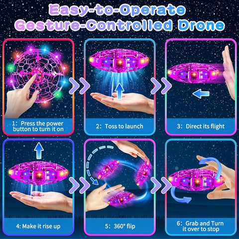 Step-by-step guide on using Kids UFO Drone With Hand Gesture Control And LED Lights Indoor Outdoor Hover Boomerang Mini Flying Orb for kids.