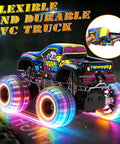 Monster Truck RC Car For Kids 1 To 20 Scale 2.4GHz All Terrain Toy With Lights, shown with colorful wheels and flexible PVC build.