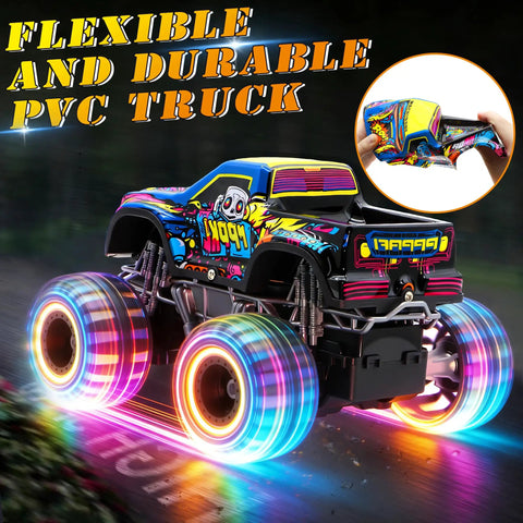 Monster Truck RC Car For Kids 1 To 20 Scale 2.4GHz All Terrain Toy With Lights, shown with colorful wheels and flexible PVC build.