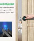 Smart Fingerprint Door Lock With WiFi Enabled And Free App Five In One Biometric Lock Featuring Fingerprint Anti Peep Password IC Cards Included TTLock App And Physical Key Share Ekey Matte Black Finish For Modern Home on wooden door showing fingerprint access