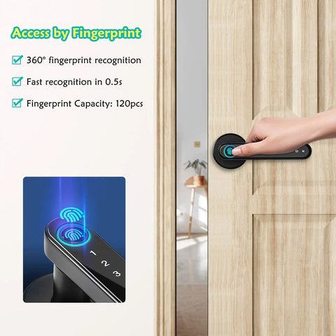 Smart Fingerprint Door Lock With WiFi Enabled And Free App Five In One Biometric Lock Featuring Fingerprint Anti Peep Password IC Cards Included TTLock App And Physical Key Share Ekey Matte Black Finish For Modern Home on wooden door showing fingerprint access