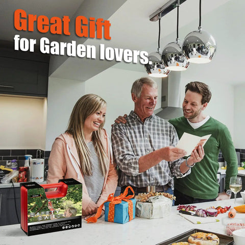 Family opening gifts in kitchen with cordless battery powered pruning shear gift box on table