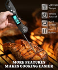 Pro Grade Instant Read Digital Meat Thermometer For Grilling And Cooking, 2-3 Second Temperature Check With 1 Degree Fahrenheit Accuracy, Perfect For Steak, BBQ, Smoking Brisket, Oven, And Slow Cooker. Digital thermometer in hand over grilled steak, black plastic body, LCD display.