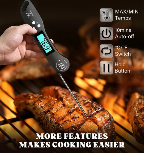 Pro Grade Instant Read Digital Meat Thermometer For Grilling And Cooking, 2-3 Second Temperature Check With 1 Degree Fahrenheit Accuracy, Perfect For Steak, BBQ, Smoking Brisket, Oven, And Slow Cooker. Digital thermometer in hand over grilled steak, black plastic body, LCD display.