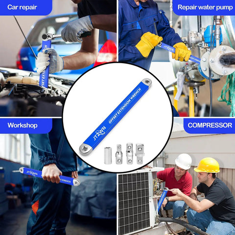 15 Inch Offset Extension Wrench Set For Tight Spaces, Impact Ready, Beefy Heavy Duty High Carbon Steel With Chrome Finish shown in use.