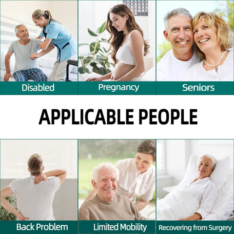Collage of people benefiting from Fifteen Point Seven Inch Long Reach Toilet Wiping Aid, including seniors, pregnant, disabled, recovering.
