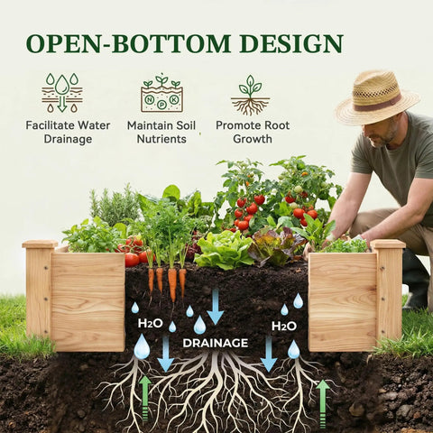 8x2ft Outdoor Wooden Raised Garden Bed With Elevated Planter Box For Veggies And Herbs shown with plant growth and drainage illustration