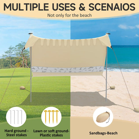 5 Person Beach Tent Sun Shelter With UPF50+ Protection, 8x7 Ft Portable Beach Canopy set up on grass and sand with stakes and sandbags
