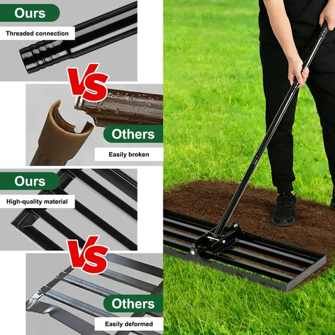 Comparison showing Threaded connection and high-quality material of Foldable Lawn Leveling Rake With 72 Inch Adjustable Handle And Detachable Carbon Steel Head For Effortless Soil Grading In Lawns Gardens Farms Yards And Golf Courses 30 By 10 Inch Working Surface Built Tough For All Weather Use.