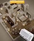 Illustration of a house layout with Bright LED Night Light With Dusk To Dawn Sensor in various rooms like bathroom and hallway