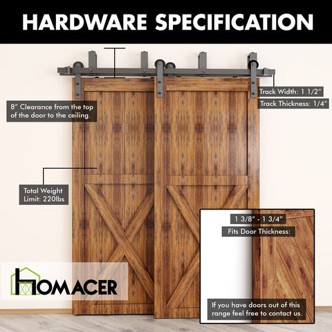 Rustic Black Double Track U Shape Bypass Sliding Barn Door Hardware Kit For Two Doors Four Feet Long Flat Track With Slick Mustache Roller Design Easy Install Durable Heavy Duty And Space Saving installed on wooden doors