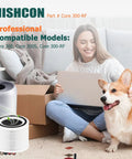 Woman with laptop and dog next to air purifier and 3-In-1 H13 True HEPA Activated Carbon Replacement Filter For 300 Purifiers, 2 Pack, White.