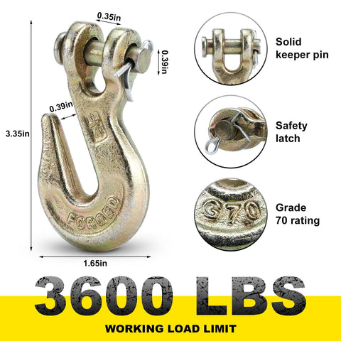 Rugged Heavy Duty One Quarter Inch Clevis Grab Hook For Grade 70 Chain 3600 Lbs WLL, yellow chromate finish, close-up view.