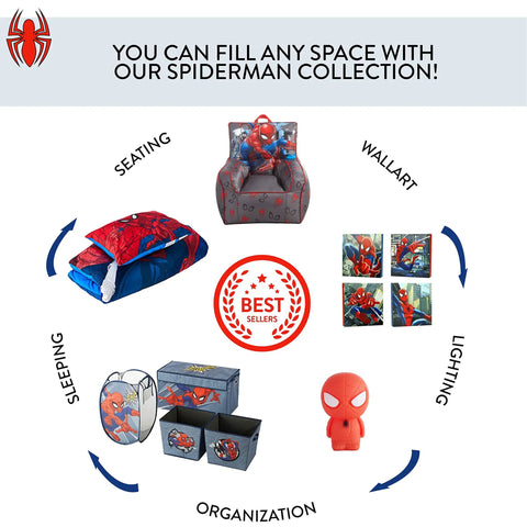Spiderman collection including seating, wall art, lighting, sleeping, and organization items showcased in a circular layout.
