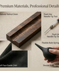 All In One Fountain Pen Care Kit with Black Walnut Pen Rest, ink filling tools, cleaning cloth, and rubber bulb syringe detail view.