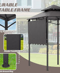 8x8 Heavy Duty Steel Frame Grill Gazebo With Double Tier Canopy Shelves Ceiling Hooks And Ground Stakes Waterproof UV Proof Outdoor Patio Tent For BBQ Backyard Gray showing frame details and ground stakes on lawn