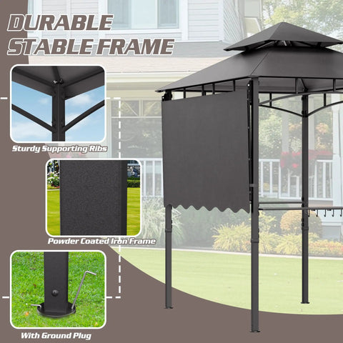 8x8 Heavy Duty Steel Frame Grill Gazebo With Double Tier Canopy Shelves Ceiling Hooks And Ground Stakes Waterproof UV Proof Outdoor Patio Tent For BBQ Backyard Gray showing frame details and ground stakes on lawn