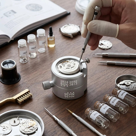Watch Movement Holder And Base Repair Stand For 2824 2892 8200 2813 NH35 NH36 Movements with tools on wooden table