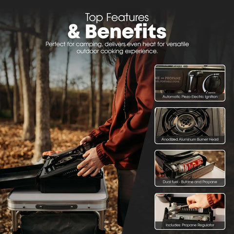 Person using 10,000 BTU Dual Fuel Camp Stove For Butane And Propane Portable Outdoor Grill with features highlighted
