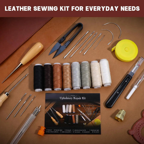 Upholstery Repair Sewing Kit with Heavy Duty Tools, Awl, Seam Ripper, Needles, Upholstery Thread, Leather Craft Essentials